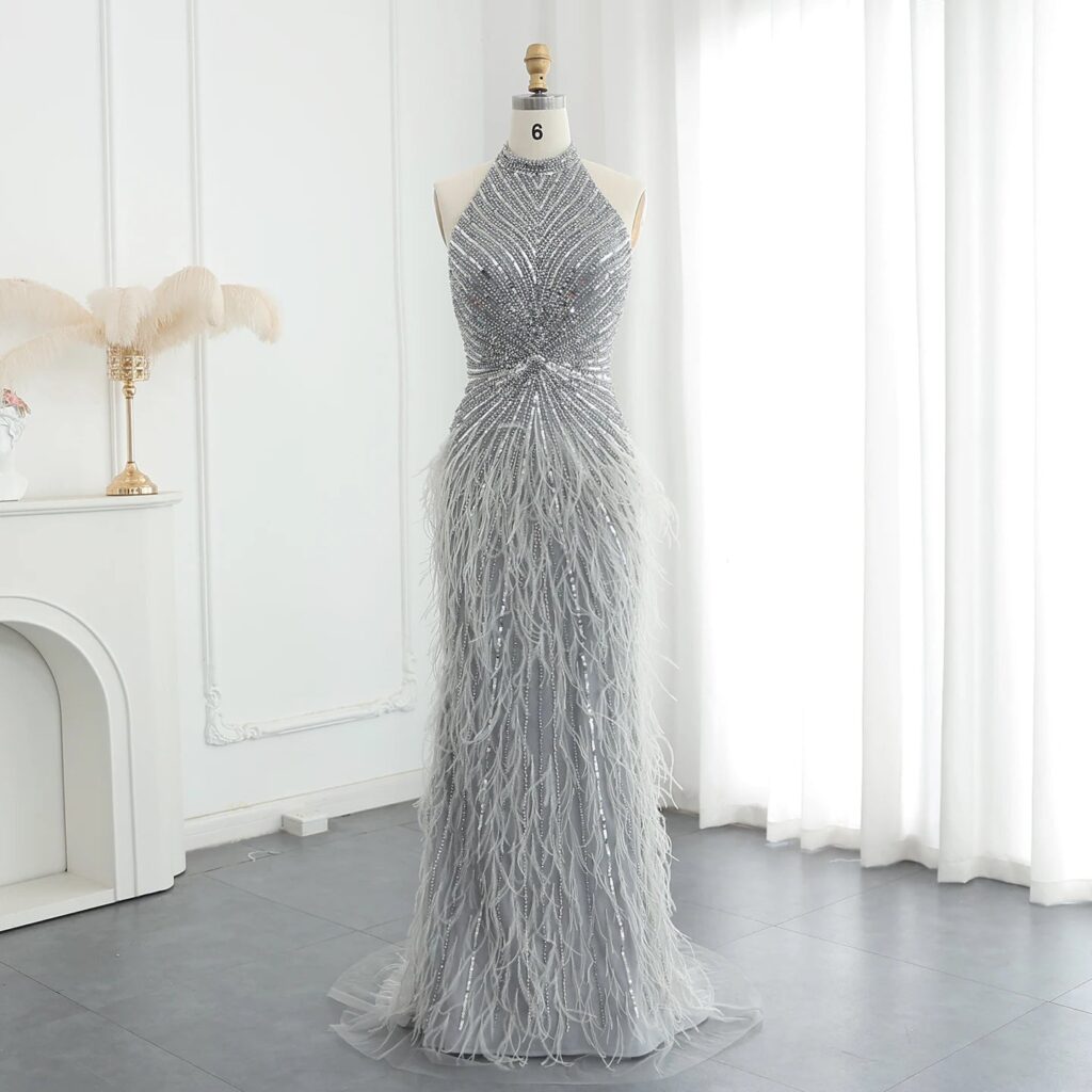 Luxury Beaded Feathers Mermaid Silver Gray Evening Dress Halter Backless Blue Beige Formal Party Gown
