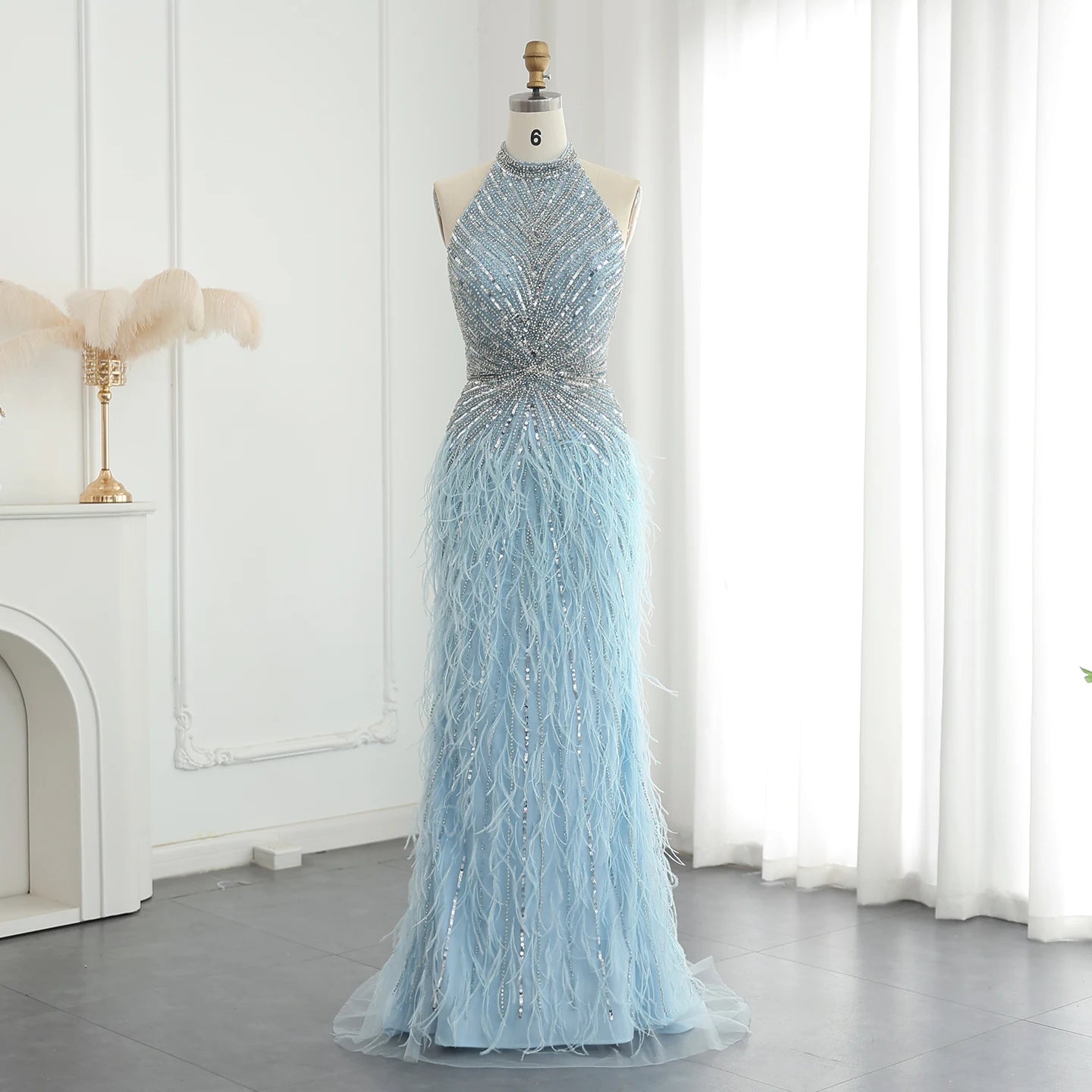 Luxury Beaded Feathers Mermaid Silver Gray Evening Dress Halter Backless Blue Beige Formal Party Gown - Image 3