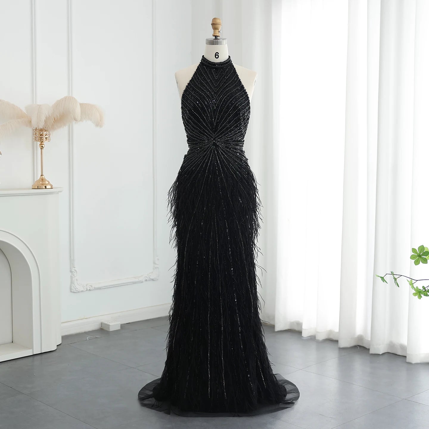 Luxury Beaded Feathers Mermaid Silver Gray Evening Dress Halter Backless Blue Beige Formal Party Gown - Image 2