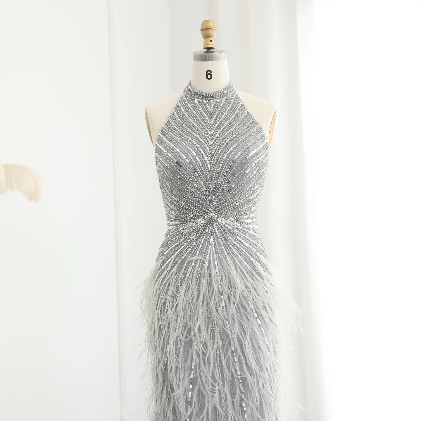 Luxury Beaded Feathers Mermaid Silver Gray Evening Dress Halter Backless Blue Beige Formal Party Gown - Image 5