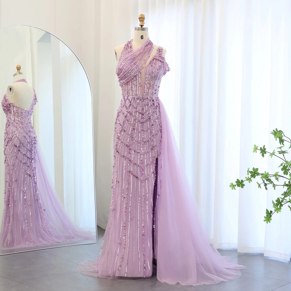 Luxury Beaded Mermaid Halter Evening Dress with Overskirt Side Slit Wedding Party Dress