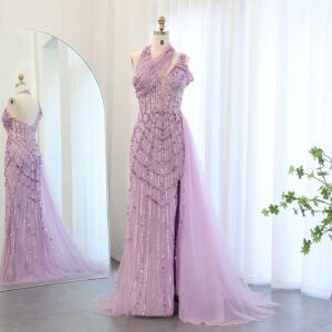 Luxury Beaded Mermaid Halter Evening Dress with Overskirt Side Slit Wedding Party Dress