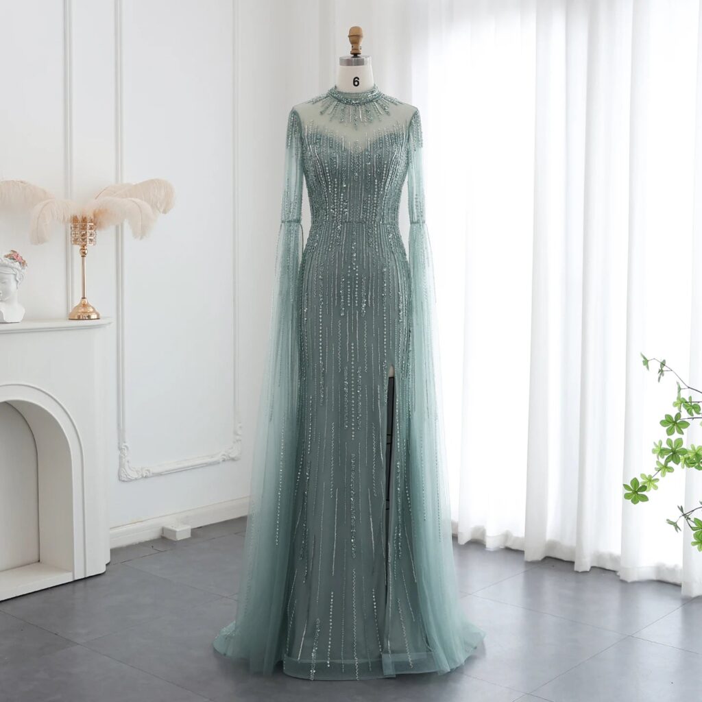 Luxury Beaded Mermaid Green Evening Dress with Cape Sleeve High Neck Side Slit Nude Women Wedding Party Gowns