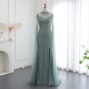 Luxury Beaded Mermaid Green Evening Dress with Cape Sleeve High Neck Side Slit Nude Women Wedding Party Gowns