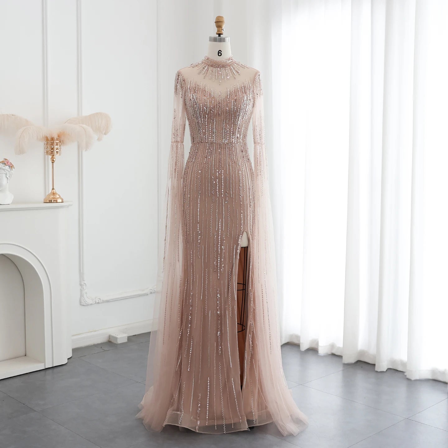 Luxury Beaded Mermaid Green Evening Dress with Cape Sleeve High Neck Side Slit Nude Women Wedding Party Gowns - Image 2