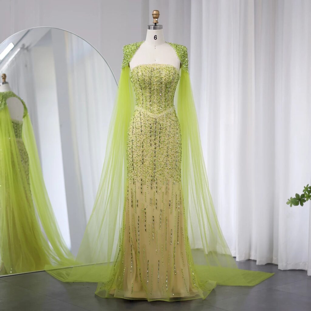 Luxury Beaded Mermaid Lime Green Evening Dress with Cape Sleeves Elegant Arabic Women Wedding Party Prom Dress