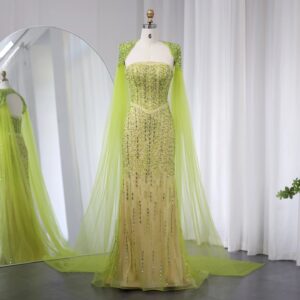 Luxury Beaded Mermaid Lime Green Evening Dress with Cape Sleeves Elegant Arabic Women Wedding Party Prom Dress