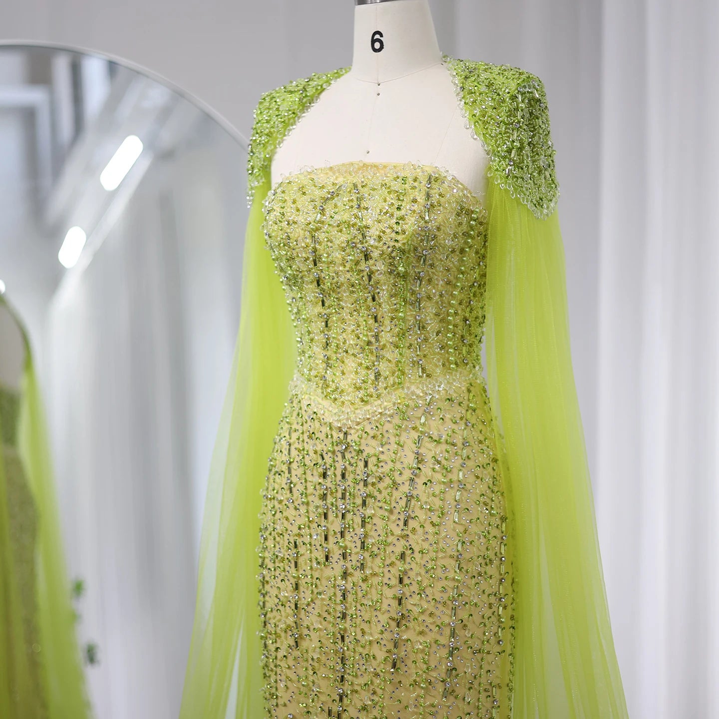 Luxury Beaded Mermaid Lime Green Evening Dress with Cape Sleeves Elegant Arabic Women Wedding Party Prom Dress - Image 2