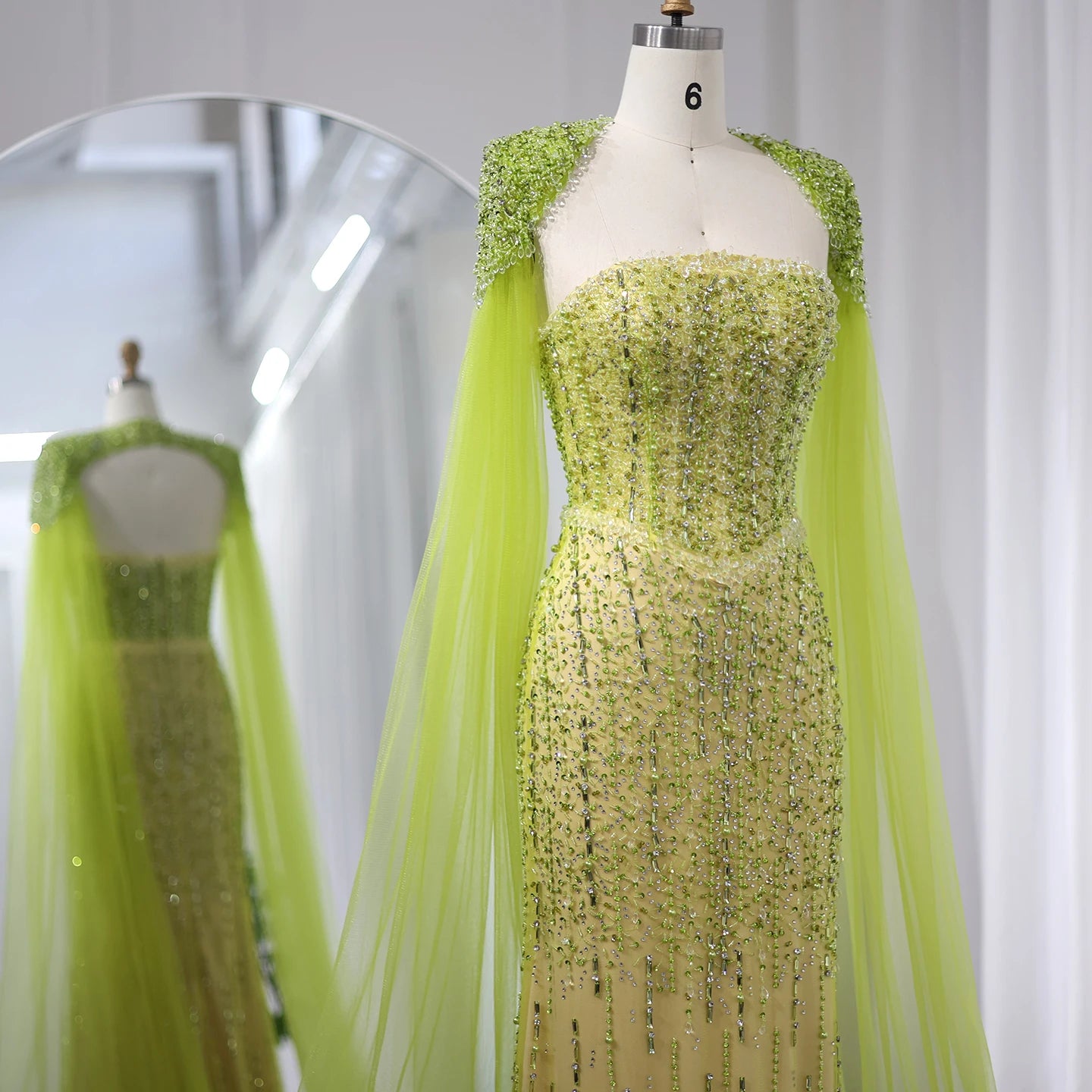 Luxury Beaded Mermaid Lime Green Evening Dress with Cape Sleeves Elegant Arabic Women Wedding Party Prom Dress - Image 4