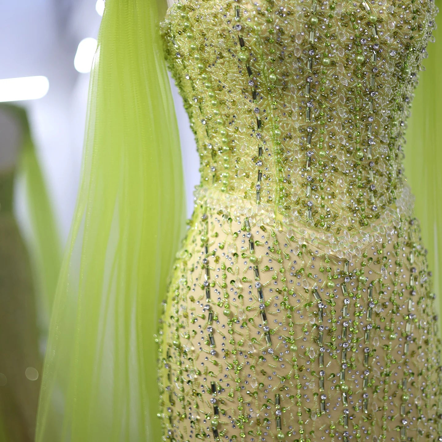 Luxury Beaded Mermaid Lime Green Evening Dress with Cape Sleeves Elegant Arabic Women Wedding Party Prom Dress - Image 3
