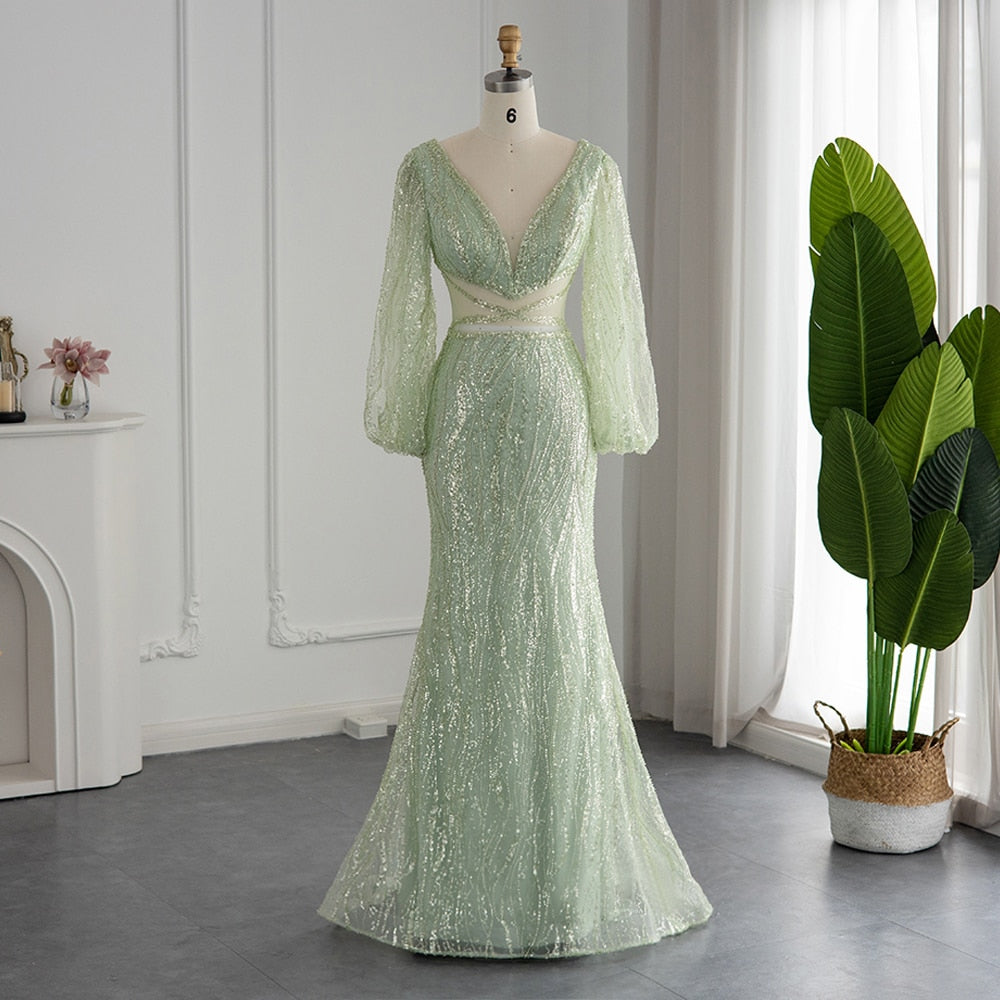 Luxury Beaded Mermaid Evening Dress Sexy V-Neck African Prom Party Dresses for Women Wedding