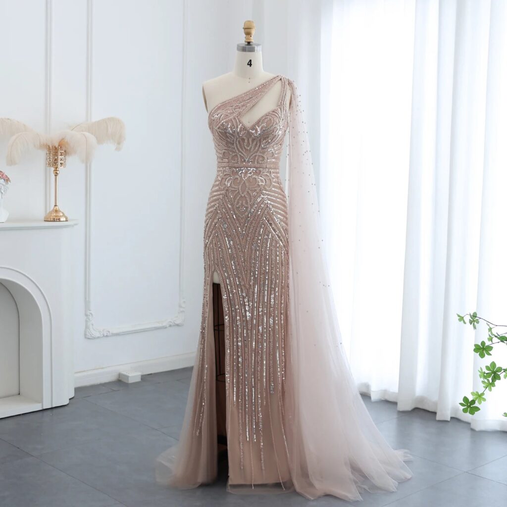 Luxury Beaded Mermaid Nude Evening Dress with Cape Sleeve One Shoulder Side Slit Women Wedding Party Gowns