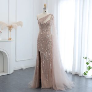 Luxury Beaded Mermaid Nude Evening Dress with Cape Sleeve One Shoulder Side Slit Women Wedding Party Gowns