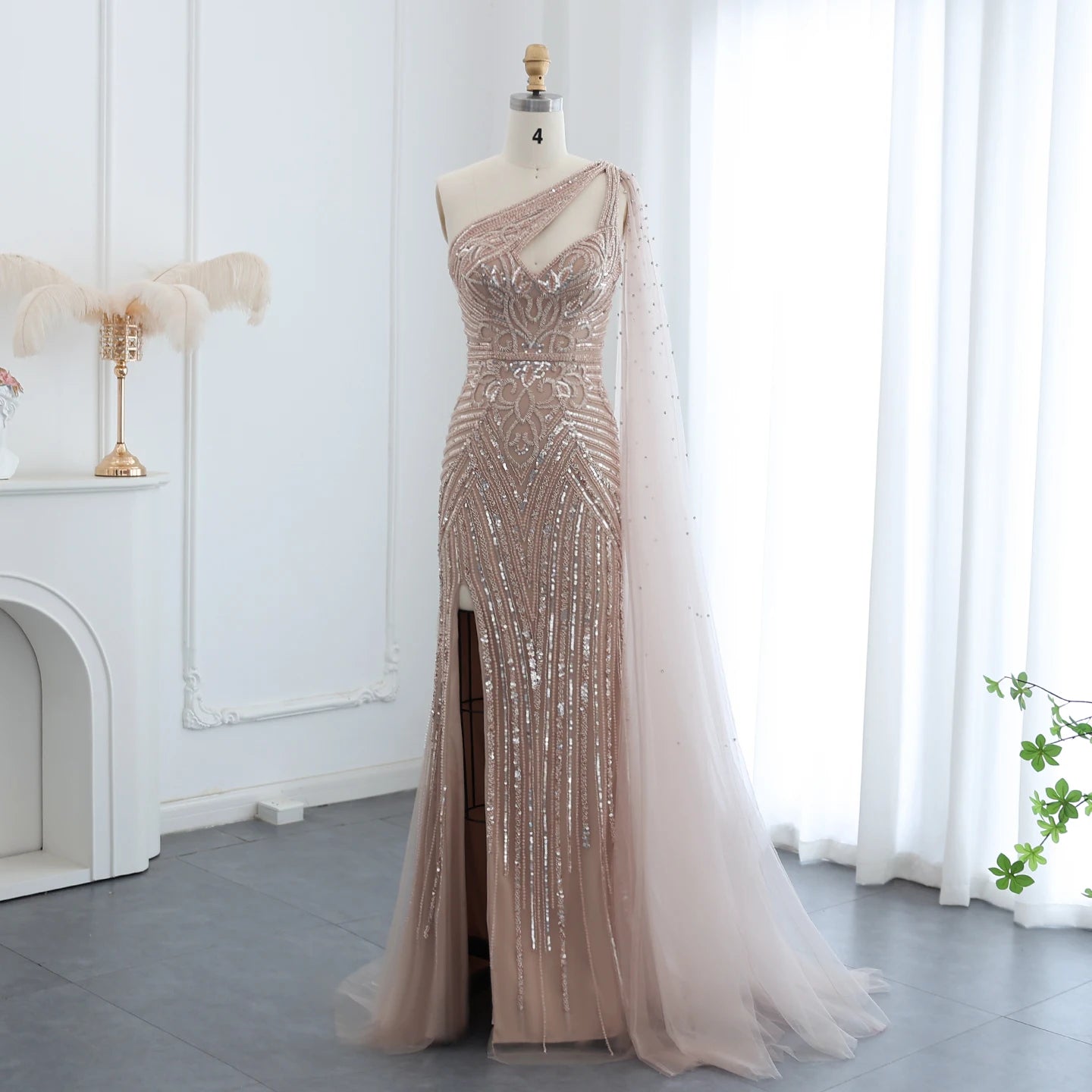 Luxury Beaded Mermaid Nude Evening Dress with Cape Sleeve One Shoulder Side Slit Women Wedding Party Gowns