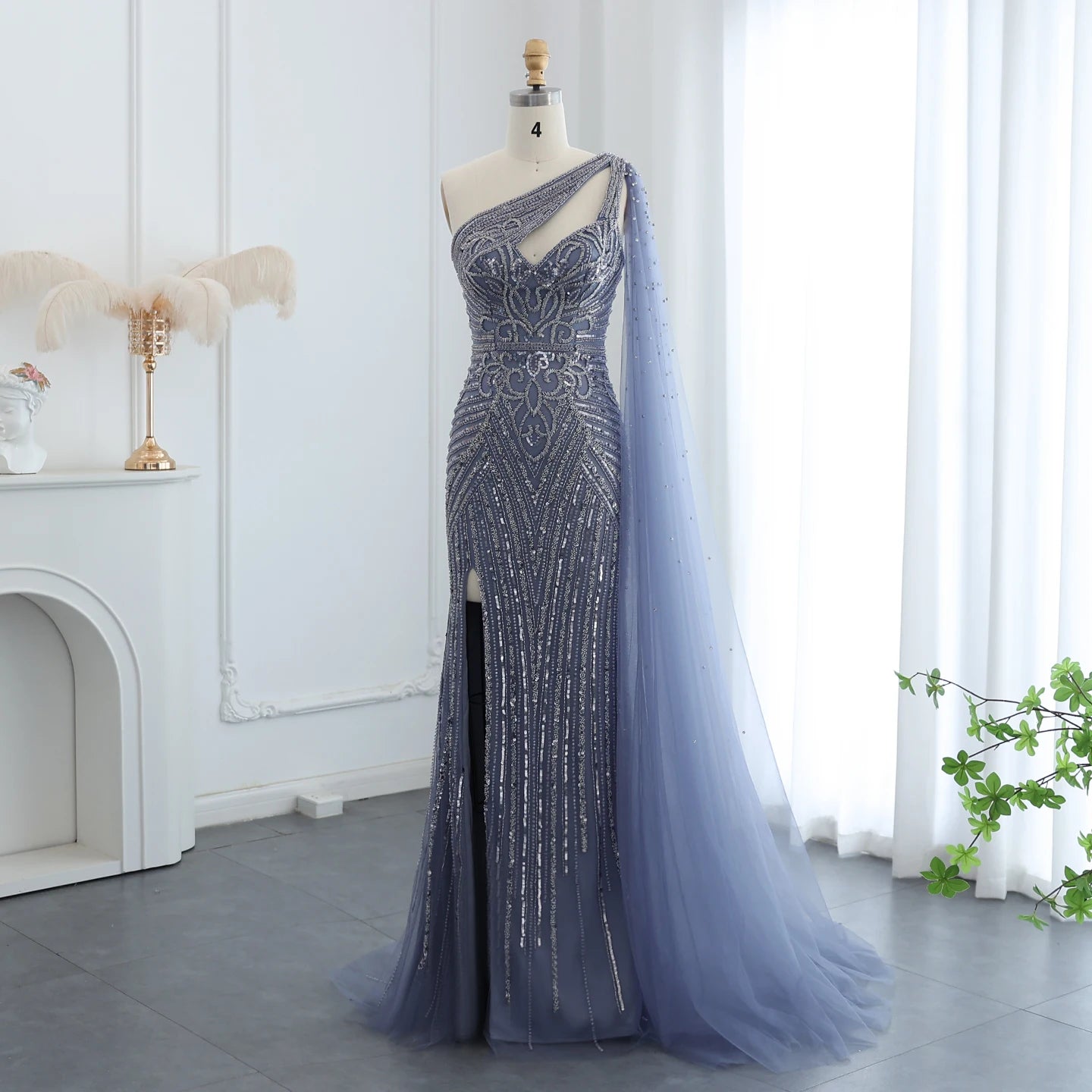 Luxury Beaded Mermaid Nude Evening Dress with Cape Sleeve One Shoulder Side Slit Women Wedding Party Gowns - Image 2