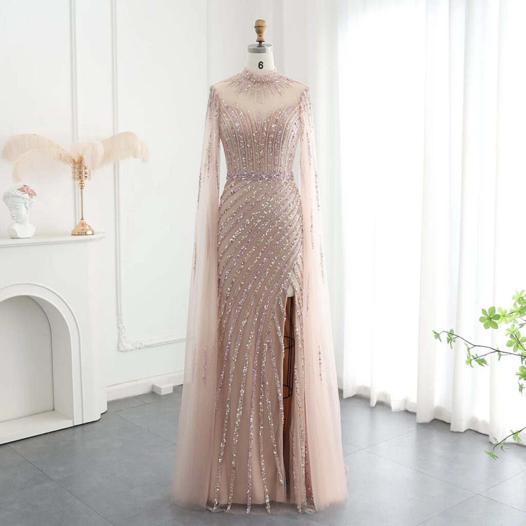 Luxury Beaded Mermaid Nude Evening Dress with Cape Sleeve One Shoulder Side Slit Women Wedding Party Gown