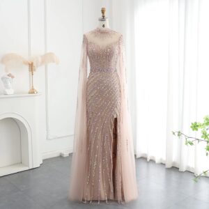 Luxury Beaded Mermaid Nude Evening Dress with Cape Sleeve One Shoulder Side Slit Women Wedding Party Gown