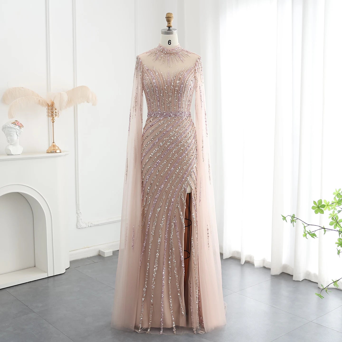 Luxury Beaded Mermaid Nude Evening Dress with Cape Sleeve One Shoulder Side Slit Women Wedding Party Gown