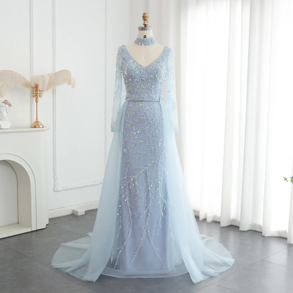 Luxury Beaded Mermaid Evening Dress with Overskirt Long Sleeves Women Wedding Party Gowns