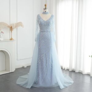 Luxury Beaded Mermaid Evening Dress with Overskirt Long Sleeves Women Wedding Party Gowns