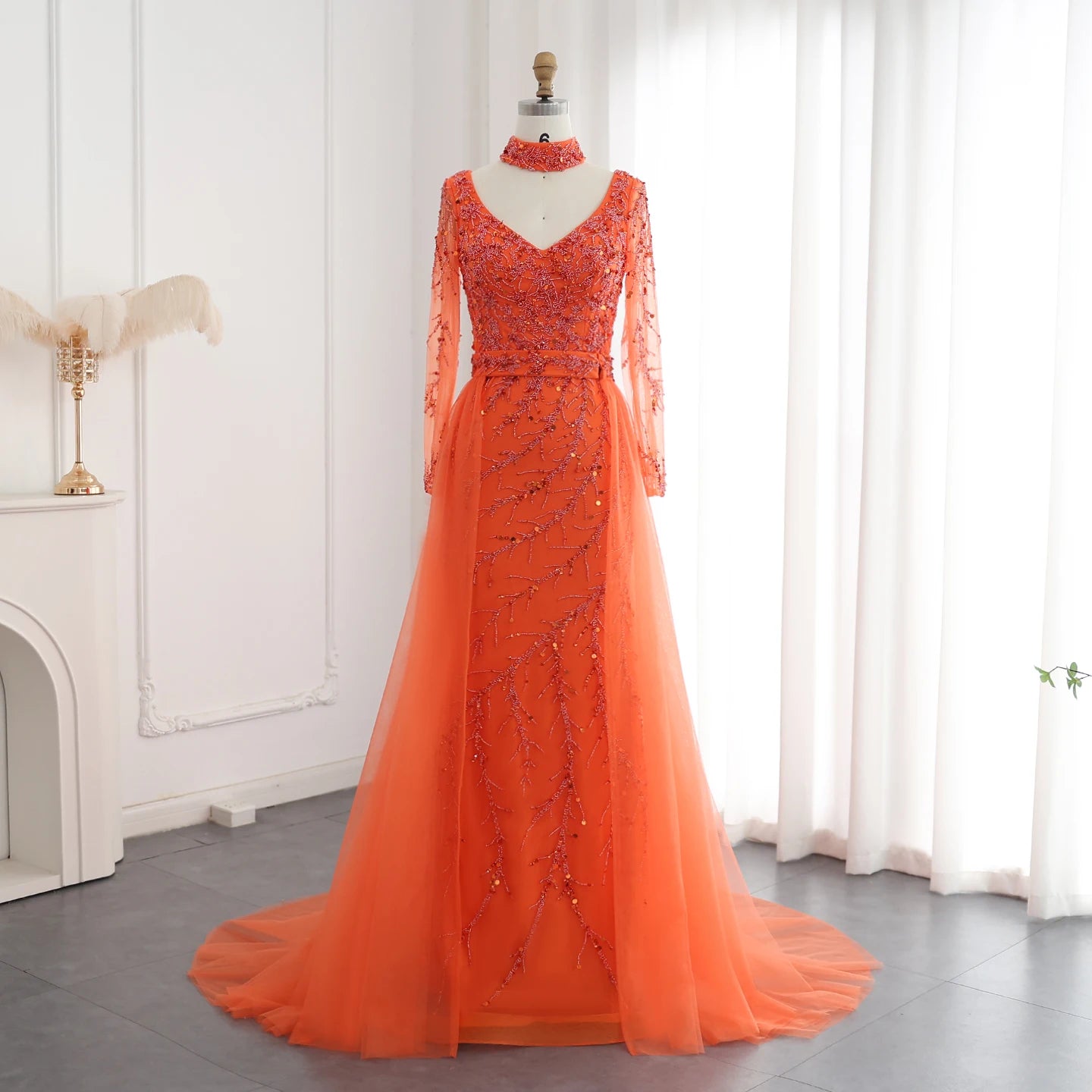 Luxury Beaded Mermaid Evening Dress with Overskirt Long Sleeves Women Wedding Party Gowns - Image 2