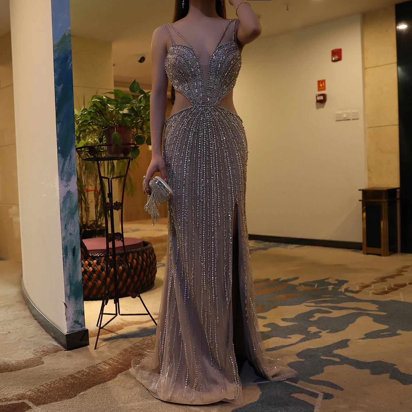 Luxury Beaded Nude Mermaid Evening Dresses Sexy V-neck High Slit Blue Long Women Wedding Party Prom Dress - Image 2