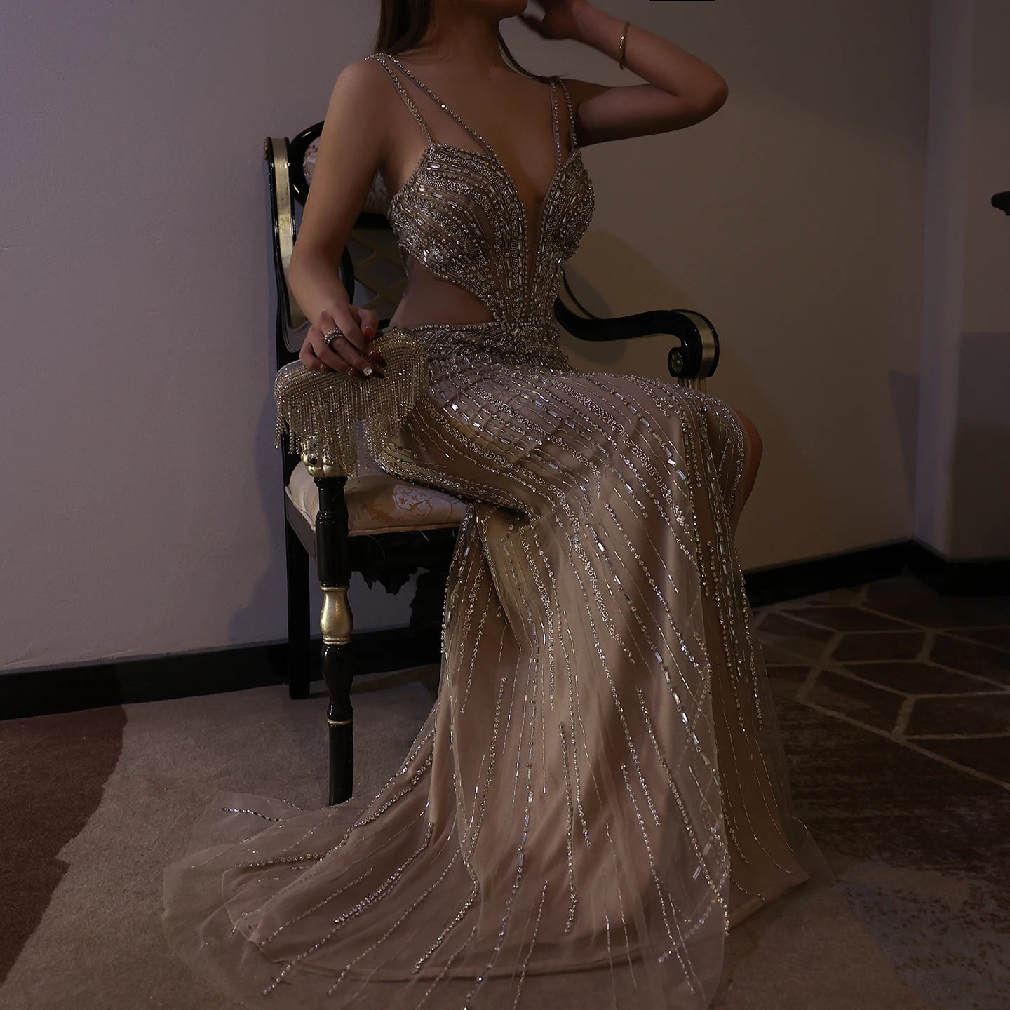Luxury Beaded Nude Mermaid Evening Dresses Sexy V-neck High Slit Blue Long Women Wedding Party Prom Dress - Image 4