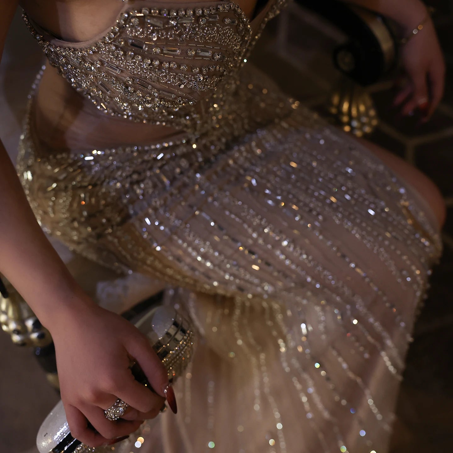 Luxury Beaded Nude Mermaid Evening Dresses Sexy V-neck High Slit Blue Long Women Wedding Party Prom Dress - Image 5