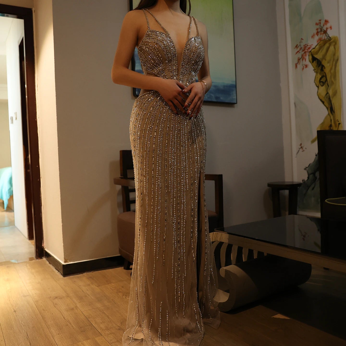 Luxury Beaded Nude Mermaid Evening Dresses Sexy V-neck High Slit Blue Long Women Wedding Party Prom Dress - Image 6