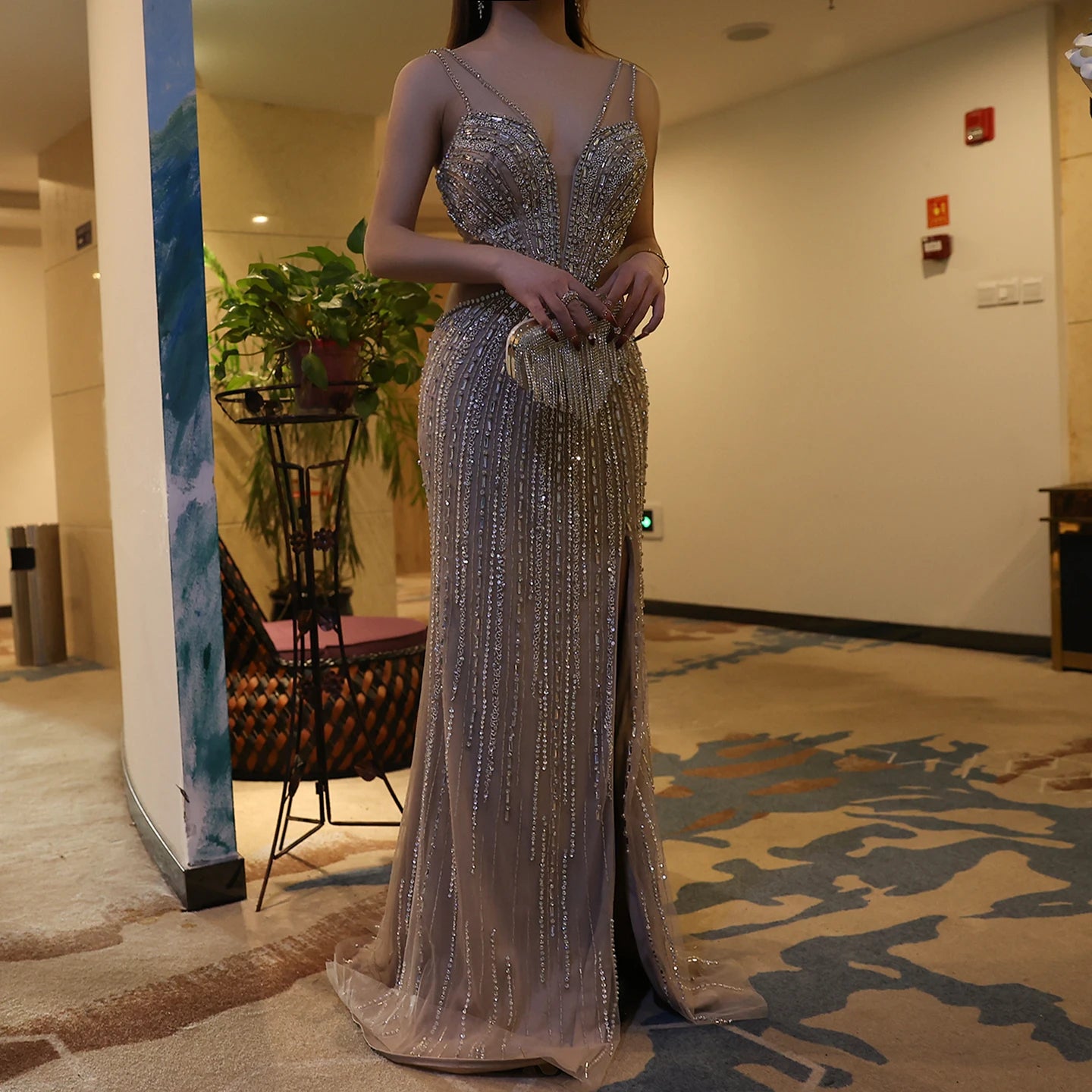 Luxury Beaded Nude Mermaid Evening Dresses Sexy V-neck High Slit Blue Long Women Wedding Party Prom Dress - Image 3