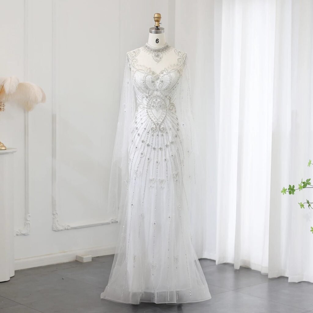 Luxury Beaded White Mermaid Evening Dress with Cape Elegant High Neck for Women Wedding Party Formal Gowns