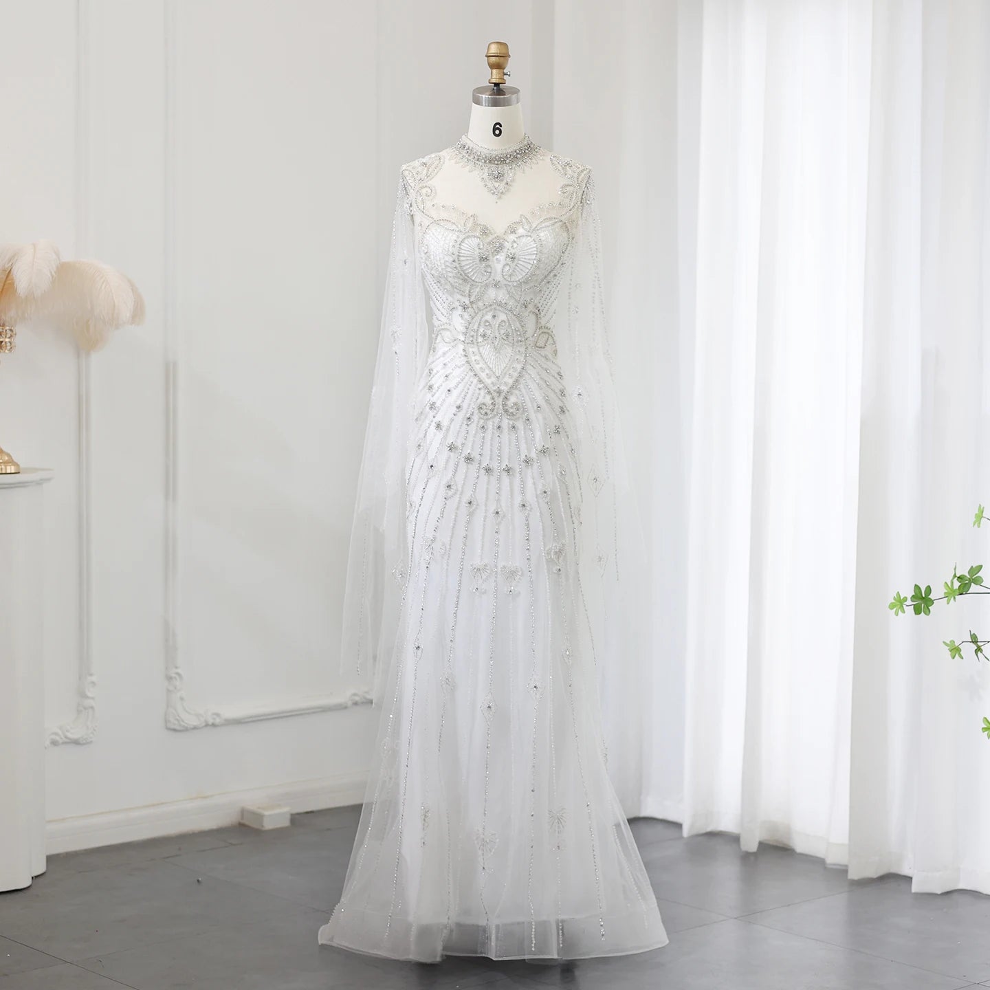 Luxury Beaded White Mermaid Evening Dress with Cape Elegant High Neck for Women Wedding Party Formal Gowns