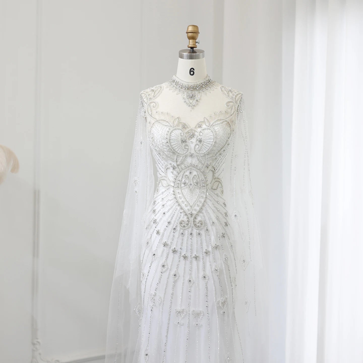 Luxury Beaded White Mermaid Evening Dress with Cape Elegant High Neck for Women Wedding Party Formal Gowns - Image 4