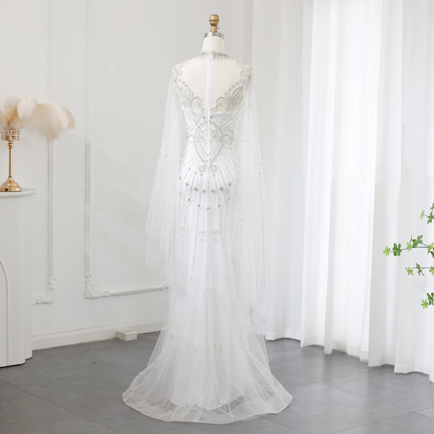 Luxury Beaded White Mermaid Evening Dress with Cape Elegant High Neck for Women Wedding Party Formal Gowns - Image 6