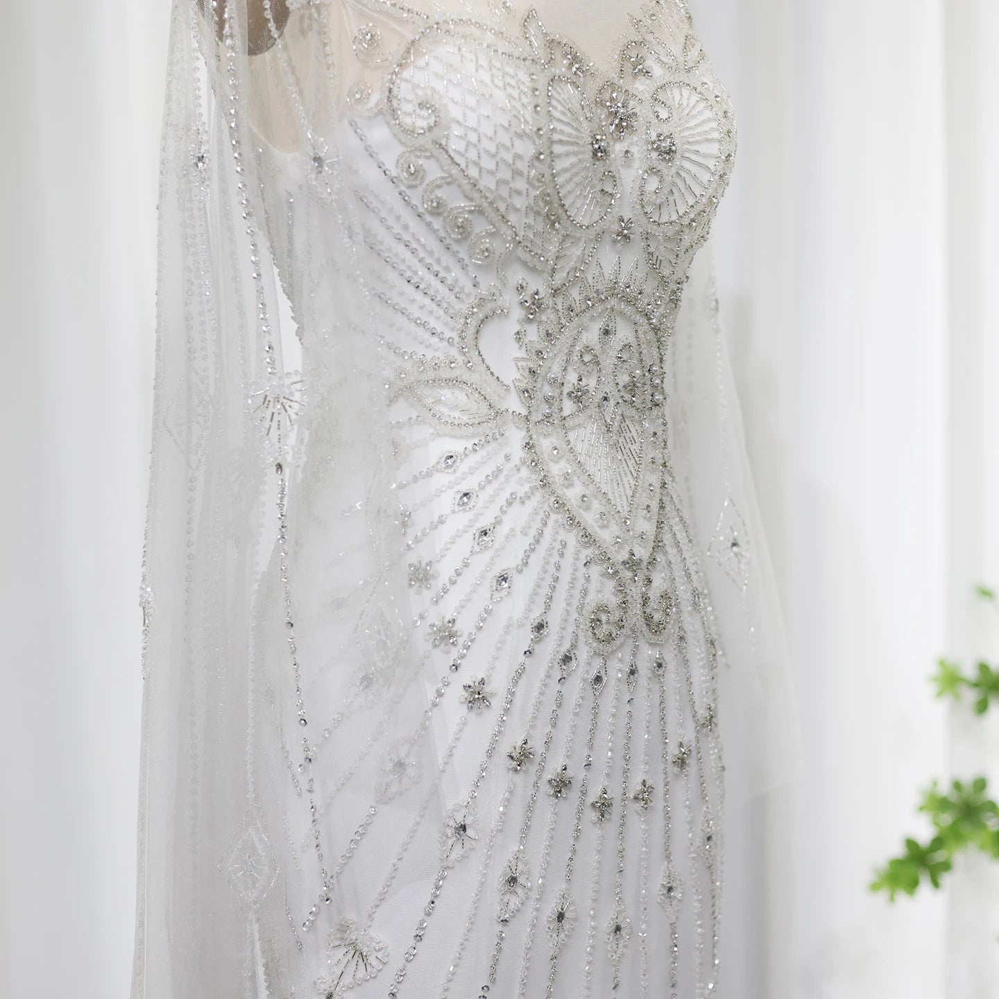 Luxury Beaded White Mermaid Evening Dress with Cape Elegant High Neck for Women Wedding Party Formal Gowns - Image 3