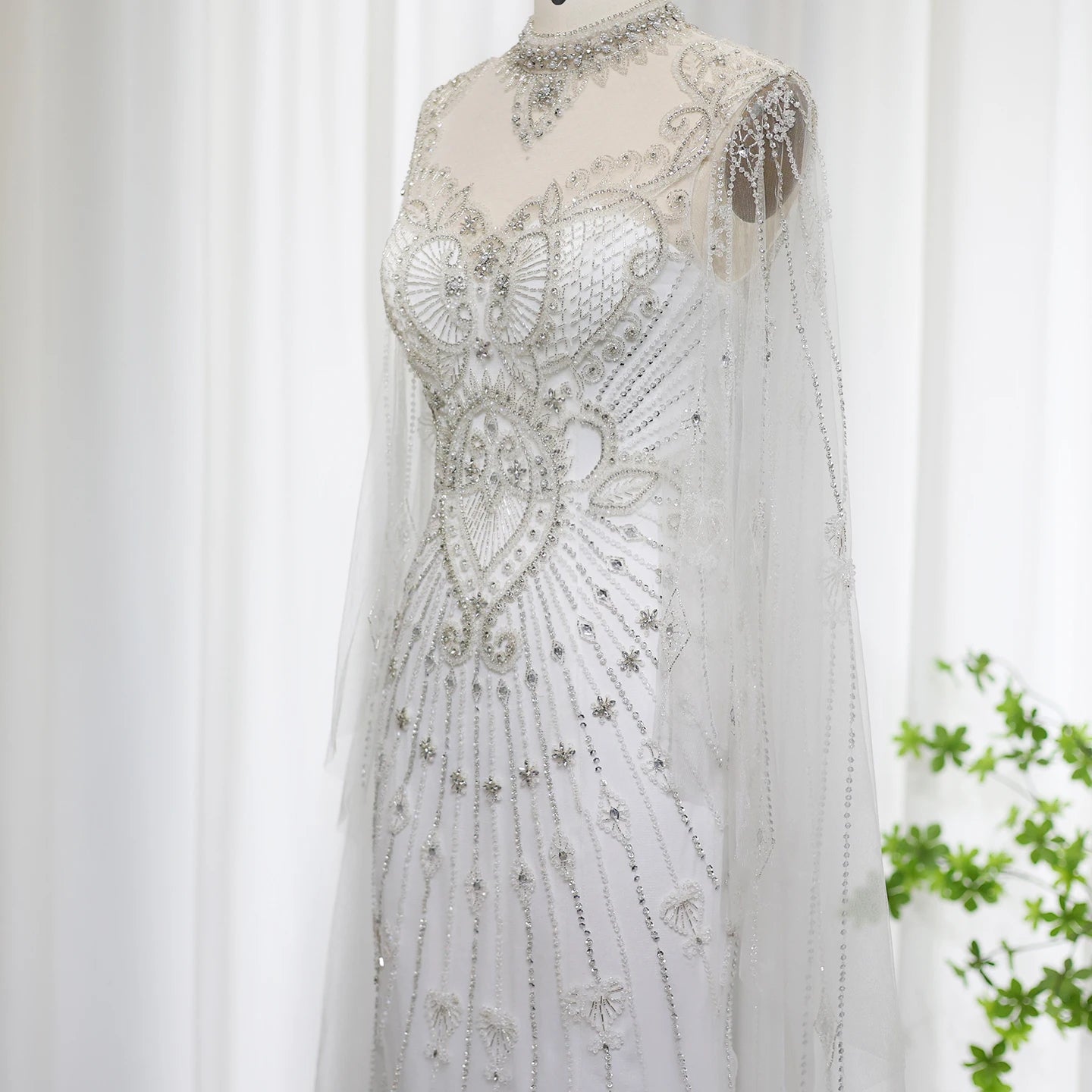 Luxury Beaded White Mermaid Evening Dress with Cape Elegant High Neck for Women Wedding Party Formal Gowns - Image 5