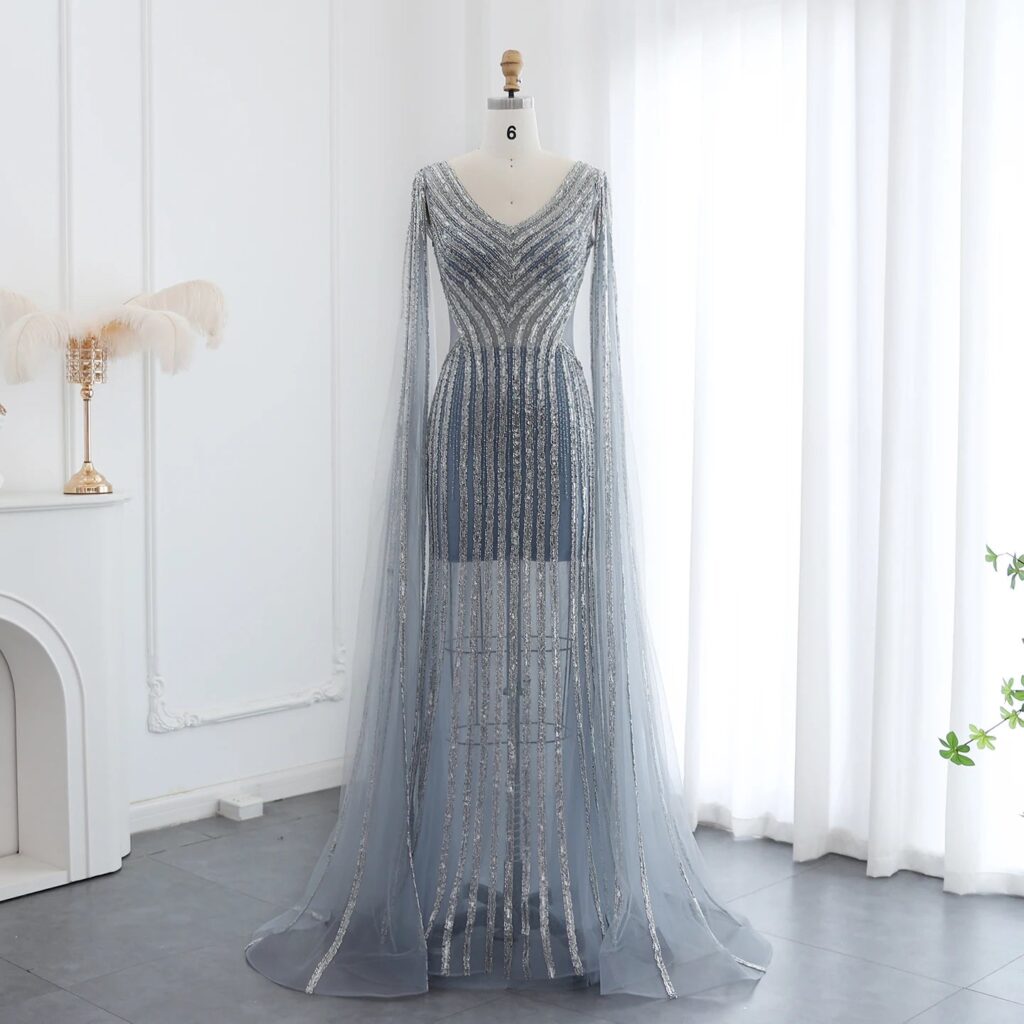 Luxury Beading Blue Mermaid Evening Dresses with Cape Sleeves V-Neck Women Wedding Party Gowns