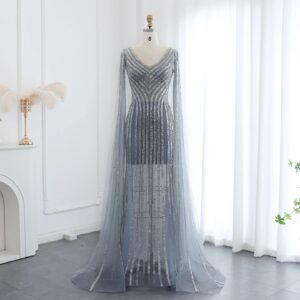 Luxury Beading Blue Mermaid Evening Dresses with Cape Sleeves V-Neck Women Wedding Party Gowns