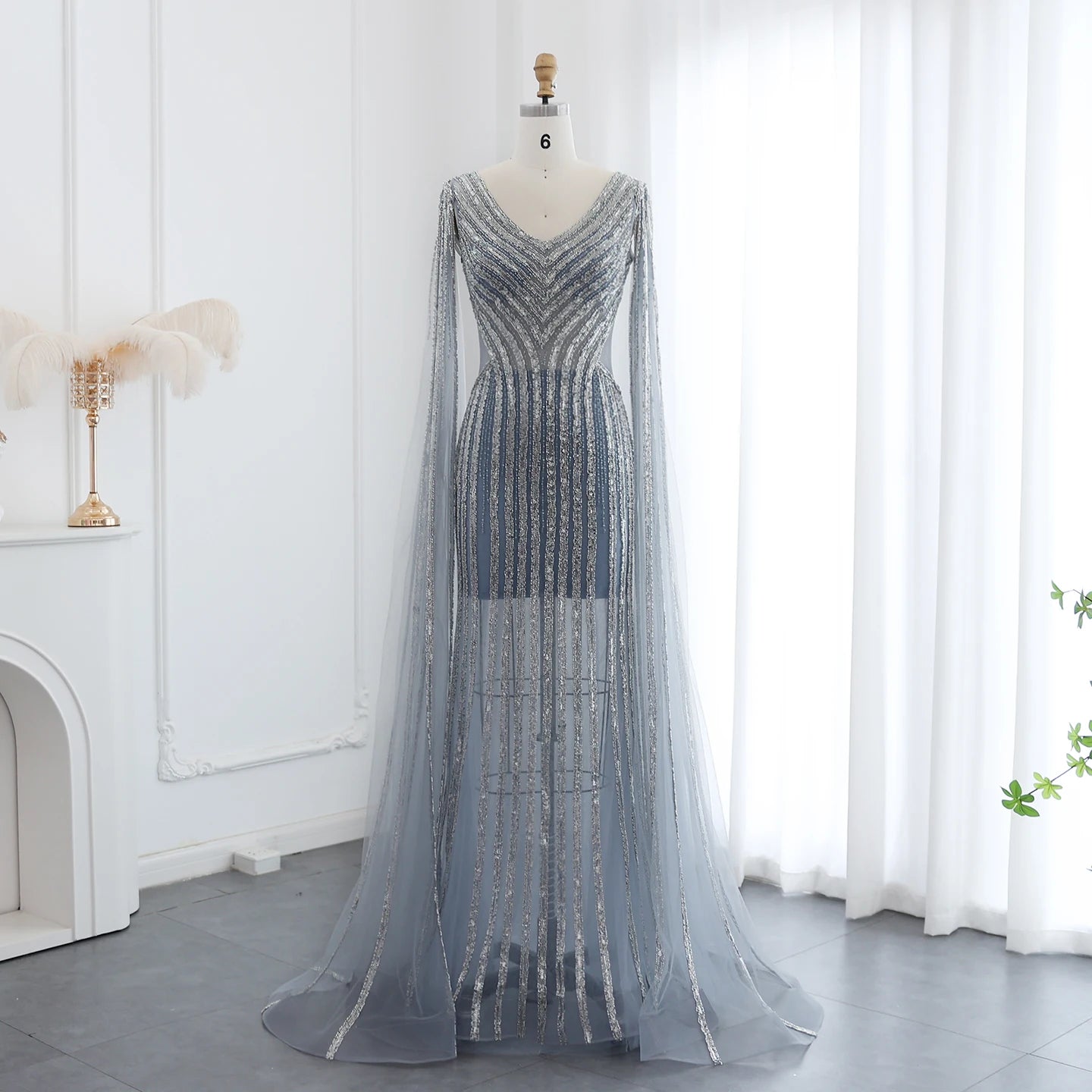 Luxury Beading Blue Mermaid Evening Dresses with Cape Sleeves V-Neck Women Wedding Party Gowns