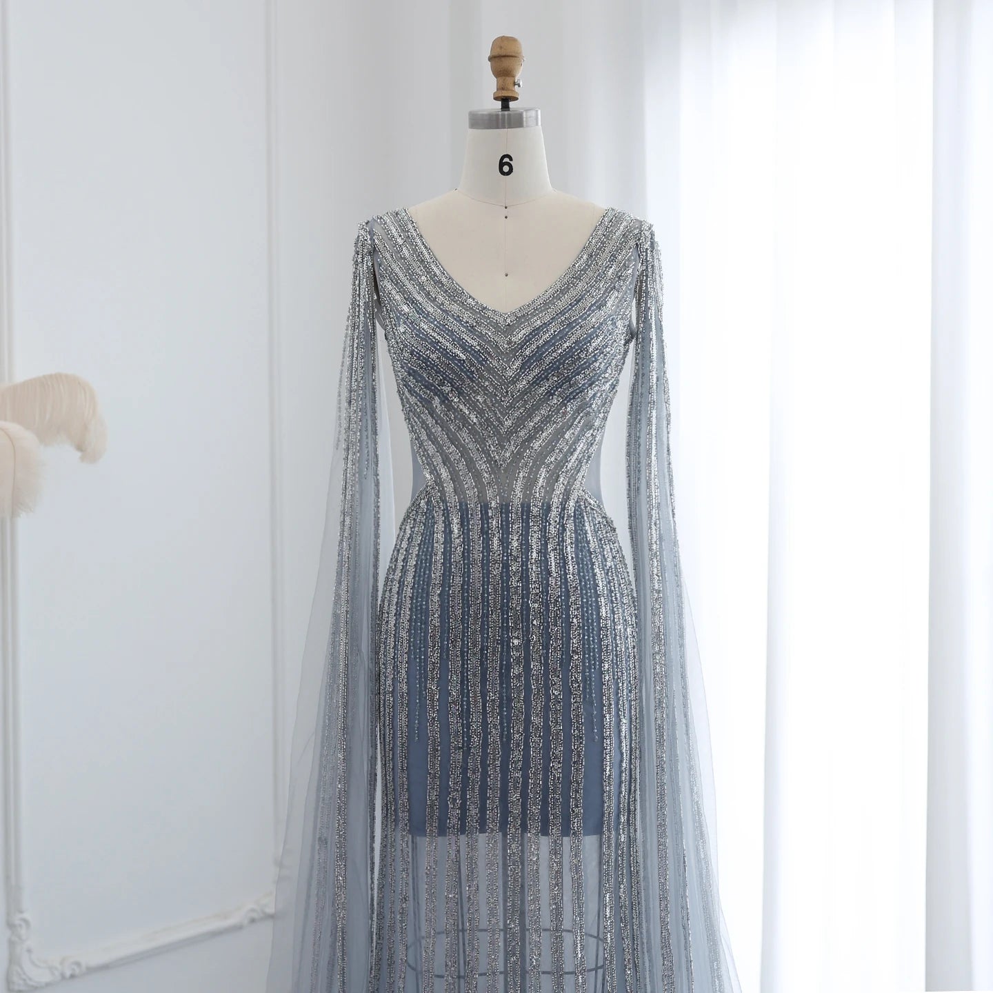 Luxury Beading Blue Mermaid Evening Dresses with Cape Sleeves V-Neck Women Wedding Party Gowns - Image 2