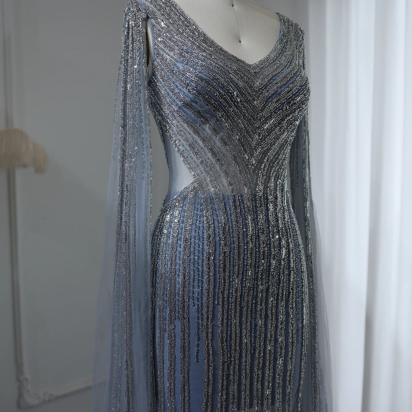 Luxury Beading Blue Mermaid Evening Dresses with Cape Sleeves V-Neck Women Wedding Party Gowns - Image 4