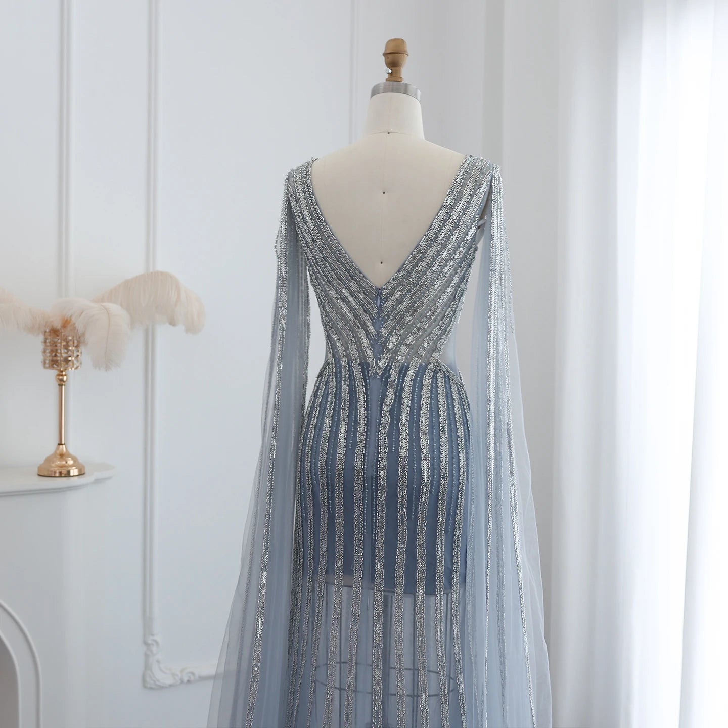 Luxury Beading Blue Mermaid Evening Dresses with Cape Sleeves V-Neck Women Wedding Party Gowns - Image 6