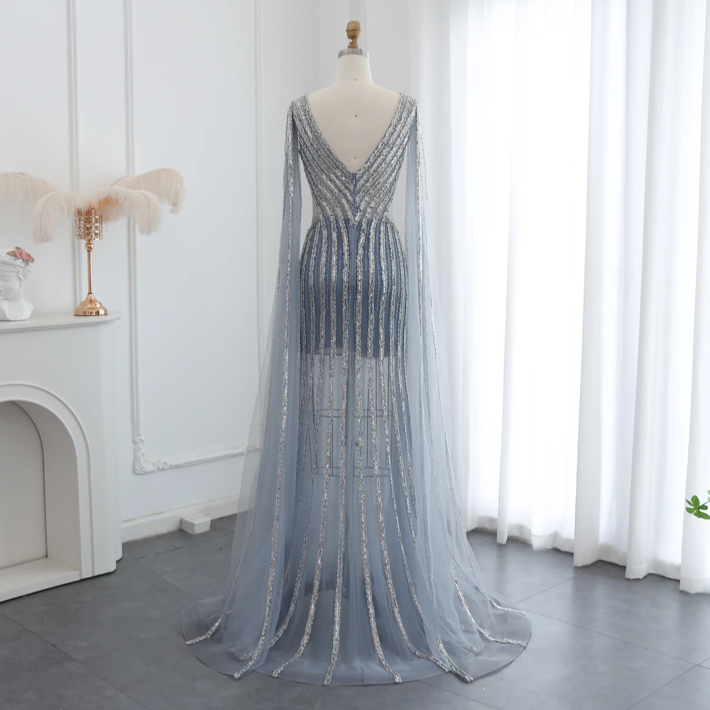 Luxury Beading Blue Mermaid Evening Dresses with Cape Sleeves V-Neck Women Wedding Party Gowns - Image 5