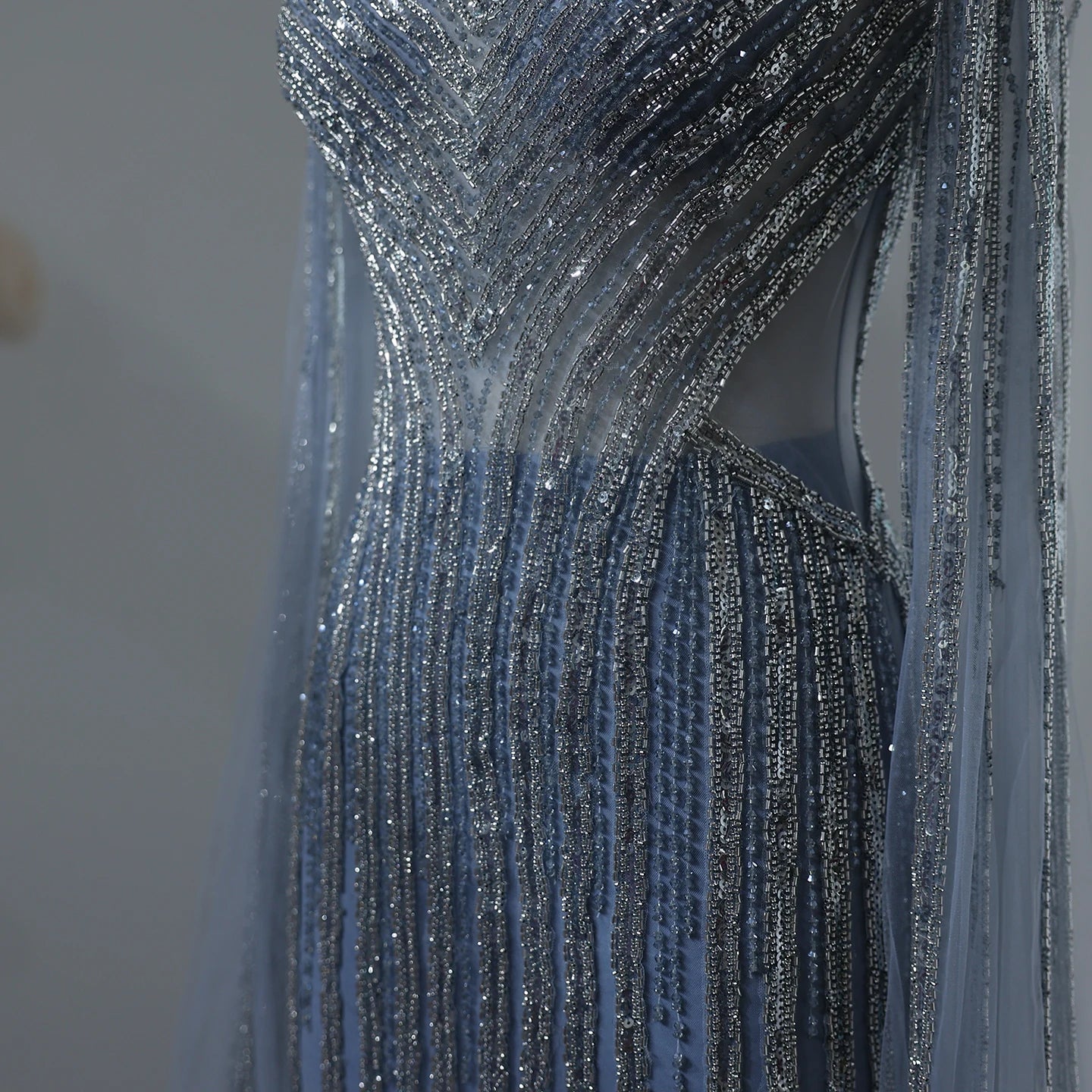 Luxury Beading Blue Mermaid Evening Dresses with Cape Sleeves V-Neck Women Wedding Party Gowns - Image 3