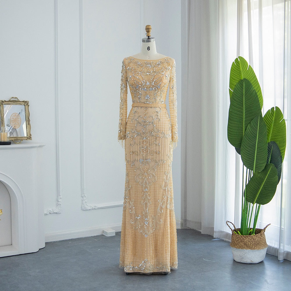 Luxury Beading Tassel Evening Dresses Women Long Sleeve Prom Formal Gowns for Wedding Party Guest