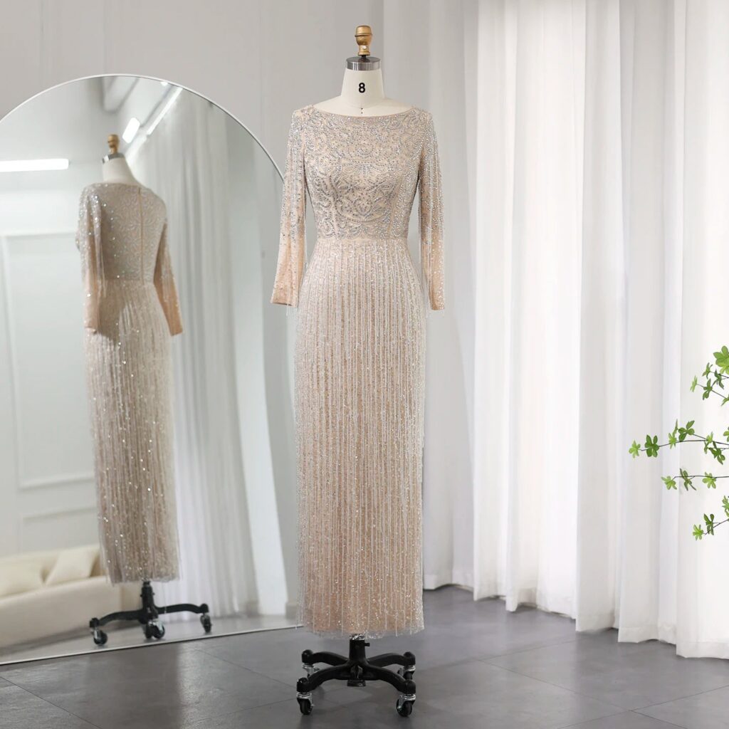 Luxury Beading Tassel Silver Nude Evening Dress Long Sleeves Arabic Women Midi Wedding Party Gown