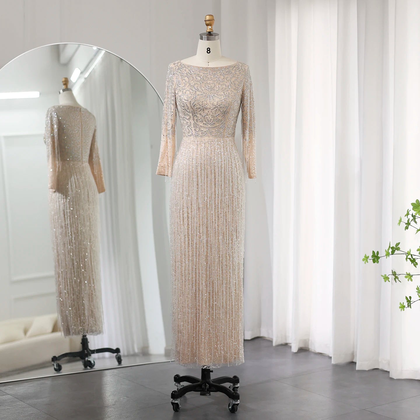 Luxury Beading Tassel Silver Nude Evening Dress Long Sleeves Arabic Women Midi Wedding Party Gown
