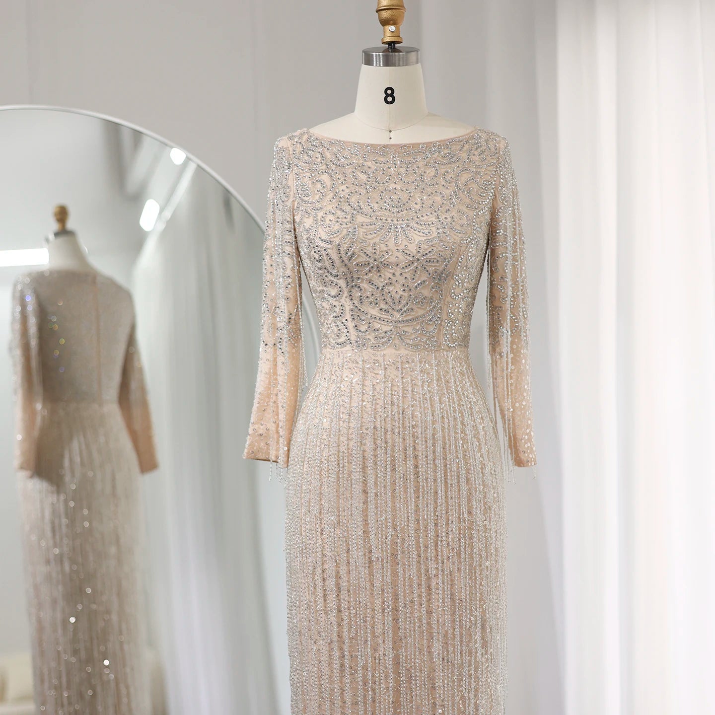 Luxury Beading Tassel Silver Nude Evening Dress Long Sleeves Arabic Women Midi Wedding Party Gown - Image 2