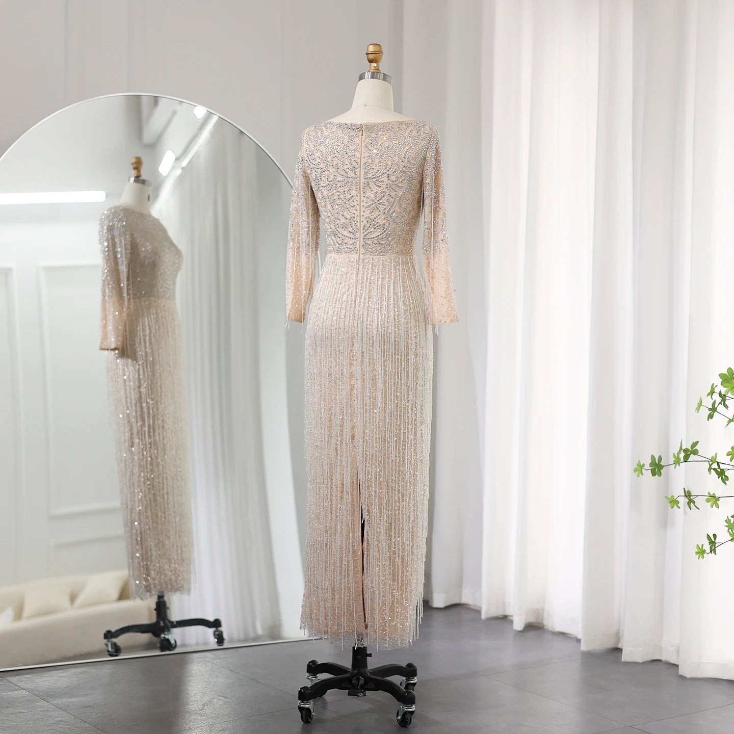 Luxury Beading Tassel Silver Nude Evening Dress Long Sleeves Arabic Women Midi Wedding Party Gown - Image 5