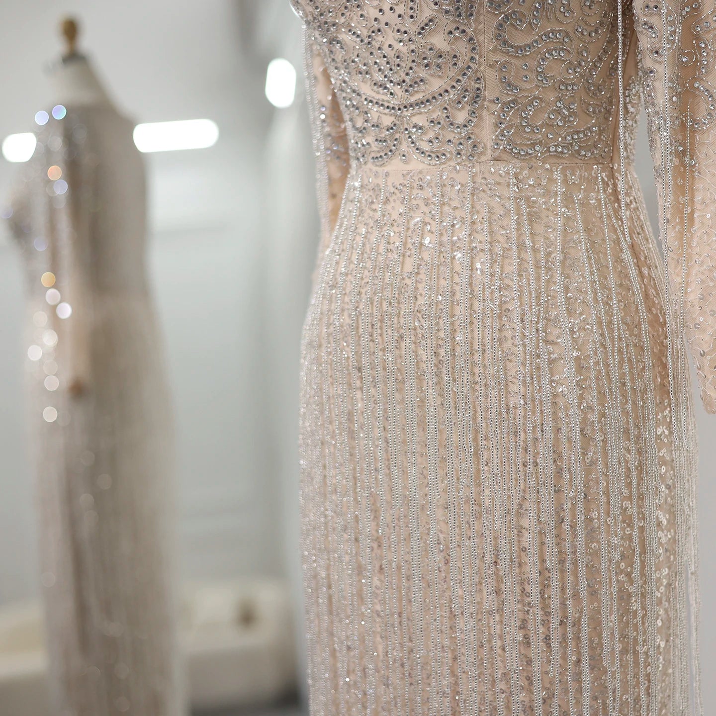 Luxury Beading Tassel Silver Nude Evening Dress Long Sleeves Arabic Women Midi Wedding Party Gown - Image 4